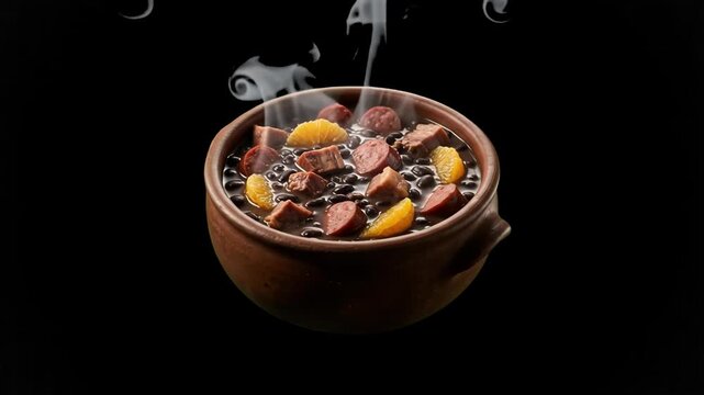Traditional hot Brazilian Feijoada black bean stew with sausage and orange slices steaming in a clay pot isolated against a black background. Suitable for restaurant menus, South American culinary vid