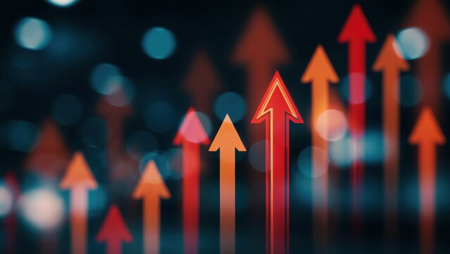 Group of red and orange arrows pointing up, symbolizing business growth, financial success, and market trend on a blurred background.
