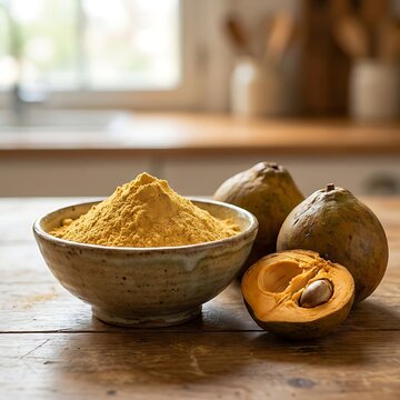 Bowl of yellow lucuma fruit powder with fresh whole and sliced lucuma fruits on a rustic wooden table. lucuma powder
