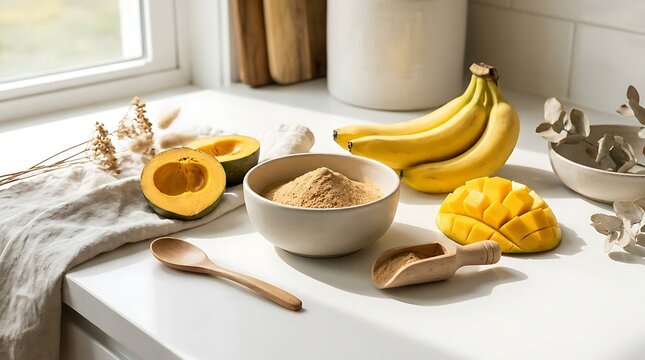 Fresh bowl of healthy smoothie powder with yellow bananas mango and avocado on a bright kitchen table. lucuma powder