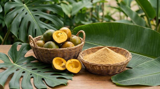 Fresh lucuma fruit and powder in wooden baskets on a table with green tropical monstera leaves background. lucuma powder