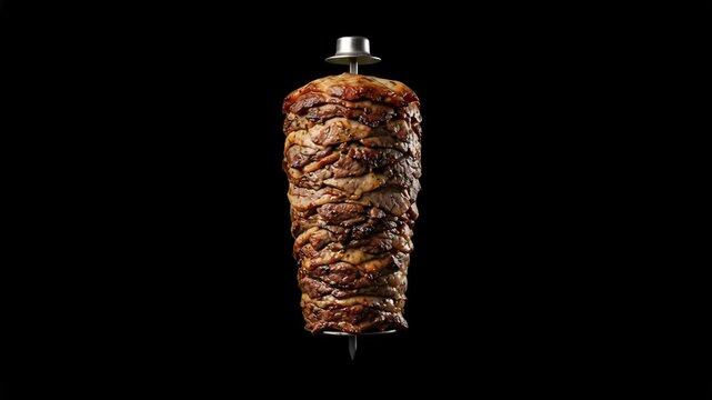 A traditional vertical rotating spit layered with roasted doner kebab meat isolated against a sleek black backdrop. Ideal for shawarma restaurant menus, Turkish cuisine commercials, and street food vi