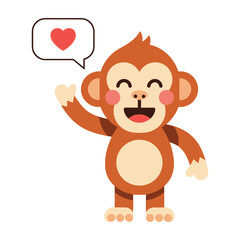 Obraz premium Cute Happy Monkey Character Waving Hand with a Red Heart Symbol Speech Bubble