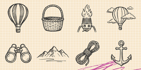 Hand drawn vintage black ink scribble doodle vector set of outdoor camping tent adventure and survival gear icons for creative graphic design © Broke Stoke