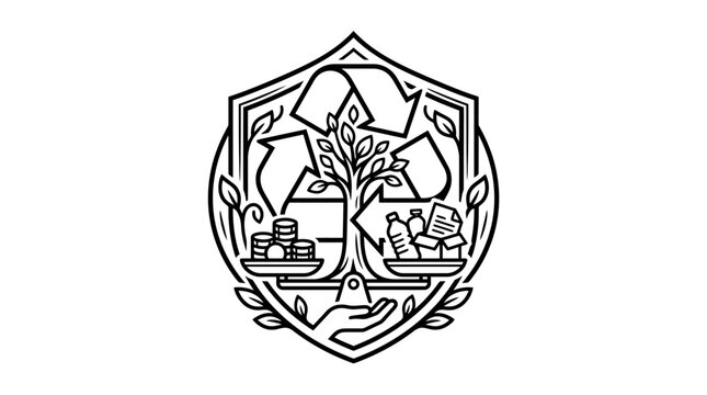 Minimalist Black and White Line Art Logo Featuring Balanced Scales with Pharmaceutical Bottles Water Bottles Tree and Documents
