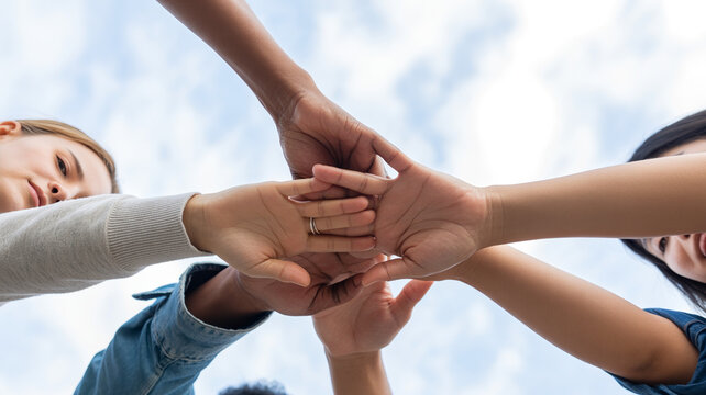 Group of diverse people stacking hands together towards sky as symbol of unity cooperation teamwork and community support spirit.