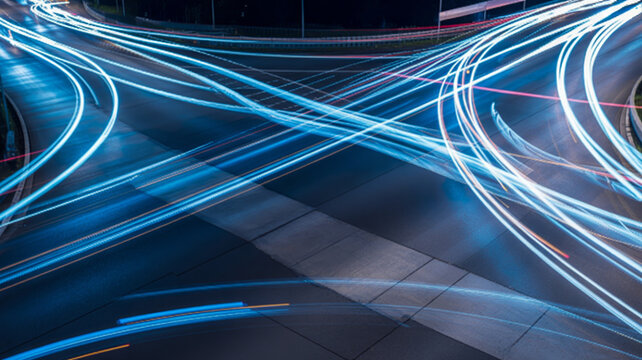 Long exposure shot of city road intersection at night with blue light trails from fast moving cars abstract transportation art.