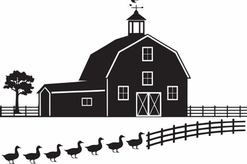 farm barn silhouette with geese retro vector fence tree building agriculture rural landscape © John Lee