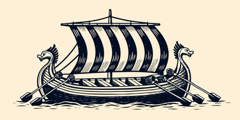 Vintage Viking longship illustration in woodcut style with detailed ornamentation © Piku