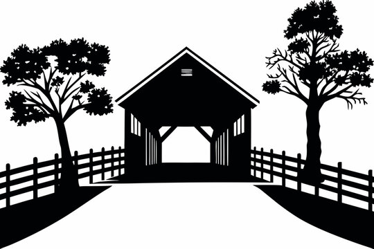 rural covered bridge silhouette on white background scene trees fence architecture landscape black