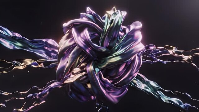 Iridescent fabric knotted with flowing streamers against a dark background