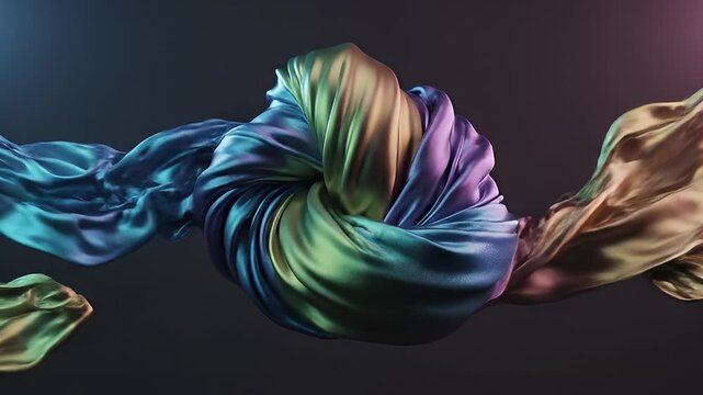 Iridescent fabric tied in a knot against a dark background