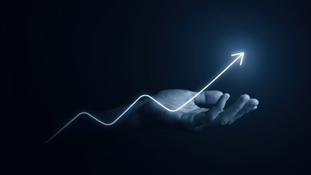 Glowing upward arrow line graph above an open hand on a dark background, symbolizing growth and potential.