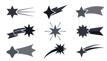 Shooting star and comet silhouette icon set. Meteor, space, sparkle, tail, asteroid, cosmic, flash, explosion, astronomy, light and decorative element. © Creative Studio 