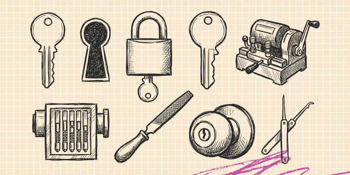 Hand drawn vintage black ink scribble doodle vector set of security keys locks protection and privacy icons for creative graphic design