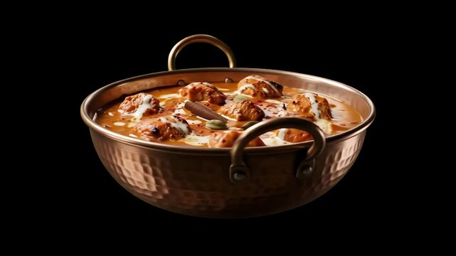 Rich Indian kofta meatball curry served in a traditional hammered copper kadai bowl isolated on a solid black background. Perfect for food commercials, menu promos, and culinary video projects.