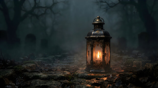 Halloween Vintage lantern with candle fire in spooky foggy graveyard, atmospheric horror night scene, eerie forest background with tombstones, dark mysterious mood 4k