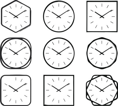 Modern geometric wall clock faces bundle featuring square round hexagonal and octagonal time indicator dial icons