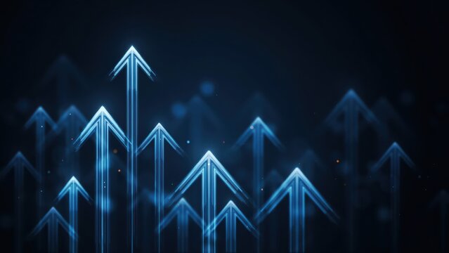 Blue glowing upward arrows on dark abstract background for business growth and success concept.
