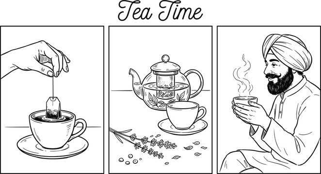 Vintage style triptych illustration set showcasing traditional tea preparation brewing ritual and a sikh man enjoying hot beverage