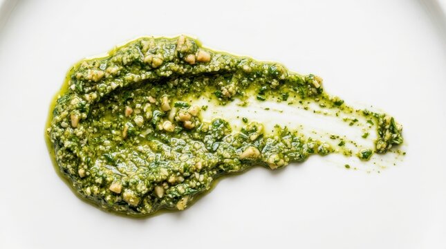Fresh green pesto sauce spread on a white background