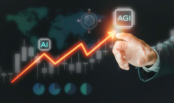 Businessman pointing at rising graph arrow from AI to AGI chip concept. Artificial general intelligence evolution, tech stock trading growth, future technology investment, and global trend.