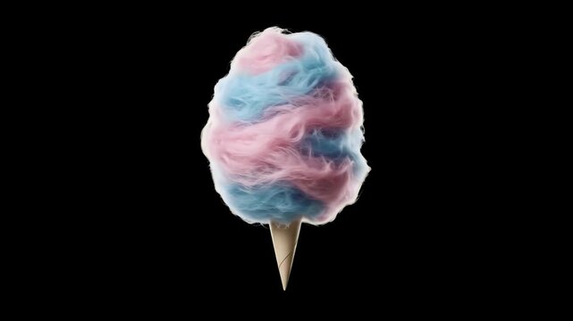 Fluffy pink and blue cotton candy served on a cone stands centered against a solid black background. Perfect for confectionery advertisements, dessert promotions, and food motion graphics projects.