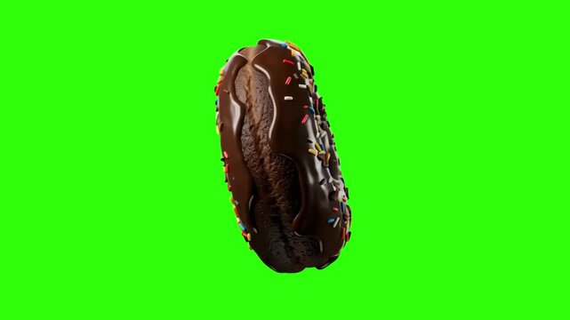 A chocolate-iced bar donut featuring colorful sprinkles set against a green screen for simple keying and background replacement. Designed for use in fast-food advertisements, social media graphics, an