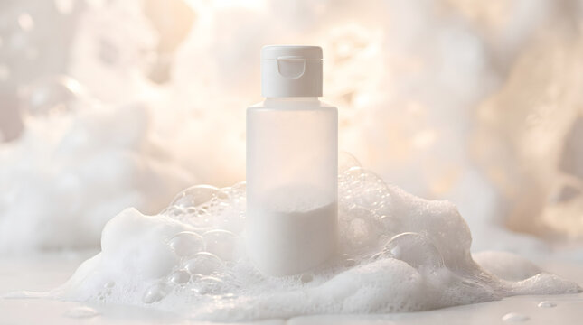 White cosmetic bottle standing upright inside a pile of fluffy soap foam bubbles