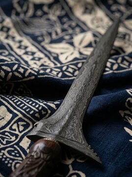 Macro heritage image emphasizing the intricate craftsmanship of a keris blade against traditional batik
