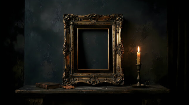 Halloween Antique gold picture frame, dark moody background, still life with candlelight, vintage photograph props, mysterious atmospheric interior, wooden table 4k