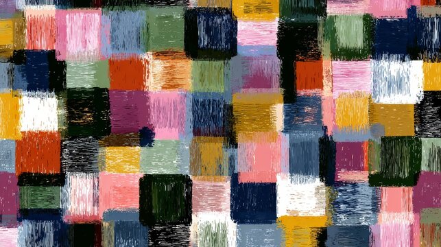 29.Abstract checkerboard repeat with freeform squares and rectangles, multicolored design with layered strokes, visible pen and brush imperfections, playful modern aesthetic, seamless vector pattern
