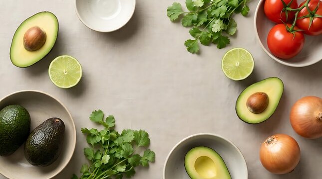 Fresh ingredients for making guacamole including avocado, vine tomatoes, onion, lime, and cilantro arranged on a rustic light gray tabletop flat lay photography.