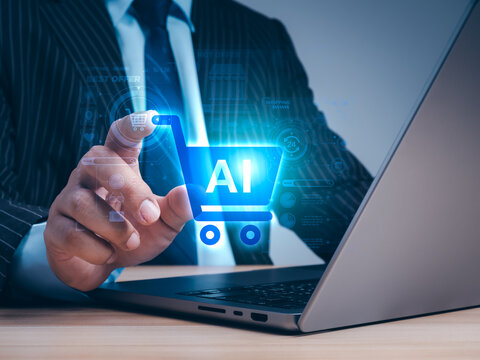 Businessman using AI-powered shopping interface on laptop. AI ecommerce, personalized shopping assistance, product recommendation, smart retail, customer experience, digital commerce and marketing.