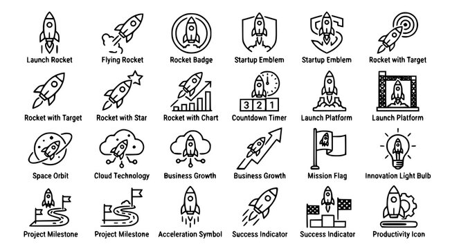 Startup rocket and launch icon collection with innovation business growth editable black thin line vector illustration