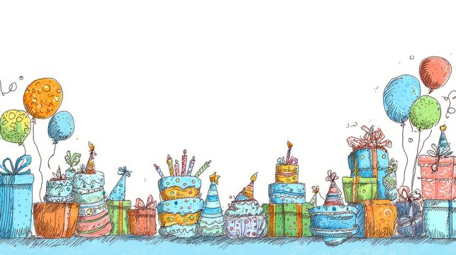 77.Birthday banner. Hand drawn party background with cakes, balloons and gift boxes