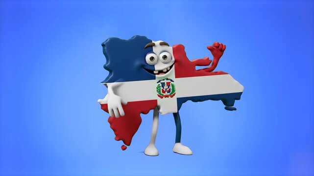 A fun 3D character shaped like the map of the Dominican Republic with its flag and emblem, dancing cheerfully on a solid blue background. Great for educational videos, Caribbean travel promotions, and