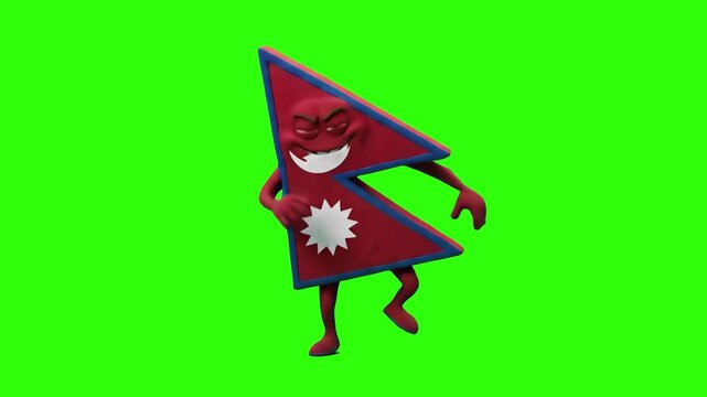 A playful 3D animated character shaped like Nepal's flag and map dances against a green chroma key background. Great for Asian geography content, cultural media, and educational projects.
