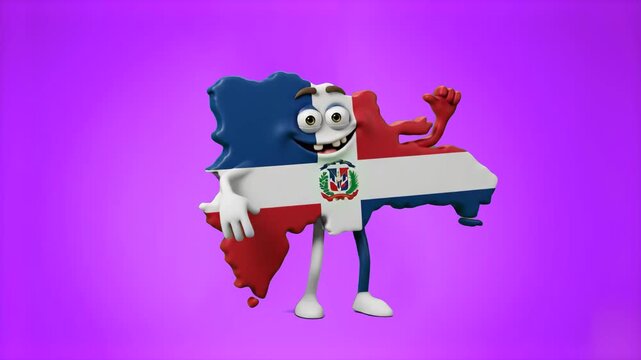 A happy 3D animated Dominican Republic map mascot wrapped in its national flag dances against a vibrant purple background. Perfect for educational, geography, and travel stock video projects.