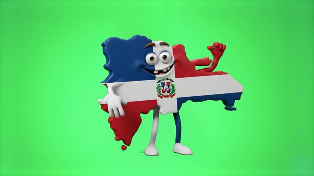A cheerful 3D Dominican Republic map character decorated in national flag colors posing proudly on a solid green chroma key background. Perfect for educational videos, Caribbean travel advertising, cu