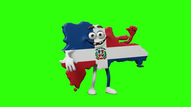 A 3D animated map mascot of the Dominican Republic textured with its national flag dances on a green screen background. Suitable for cultural presentations, geography lessons, and travel media.