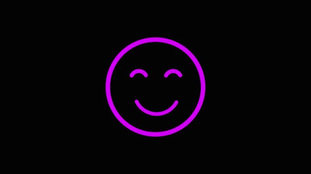 A vibrant magenta neon outline of a happy smiley face emoji with closed eyes and a smiling mouth set against a solid black background with no additional visual.