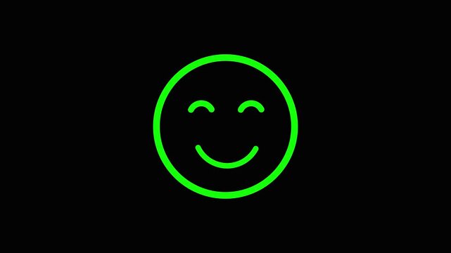 A simple bright green neon outline of a happy smiley face emoji with closed eyes and a smiling mouth on a plain black background with no other present.