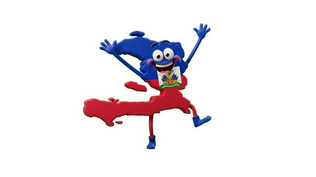 A friendly 3D cartoon mascot shaped as the map of Haiti with national flag colors, dancing happily against a clean white background. Excellent for geography lessons, Caribbean cultural promos, and vid