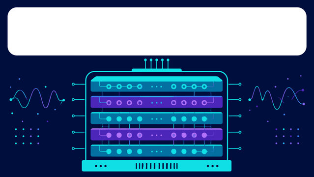 Tech stacks pulse with data flows. Cyan and purple hues glow with energy. Lines connect servers to unseen networks. Waves and dots hint at digital activity. Ideal for tech, data, or cyber themes