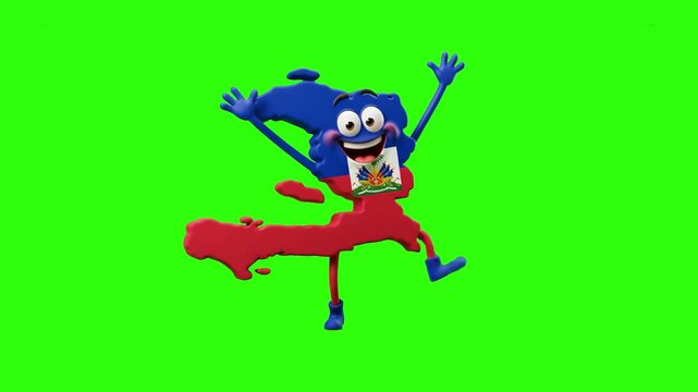 A cheerful 3D mascot shaped like the map of Haiti, textured with its blue and red flag and coat of arms, jumping and dancing on a green screen. Perfect for travel media, geography lessons, and video e