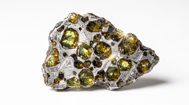 Close up of a Pallasite meteorite fragment showing olivine crystals embedded in metal matrix.