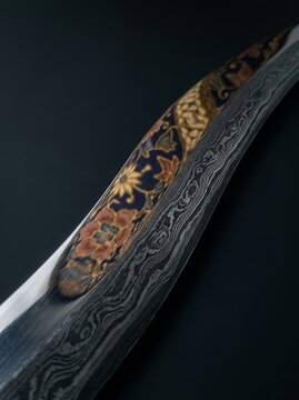 Abstract luxury macro combining the reflective surface of a traditional keris blade with Malaysian batik patterns