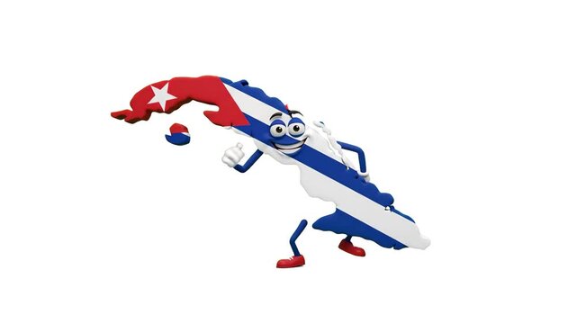 A lively 3D animated character shaped like the elongated island map of Cuba, featuring the national flag with its red triangle, white star, and blue stripes, dancing joyfully on an isolated white back