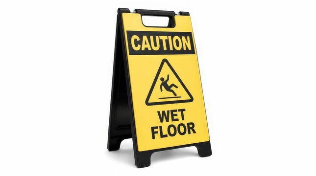 Yellow caution wet floor sign warning of slippery surface.